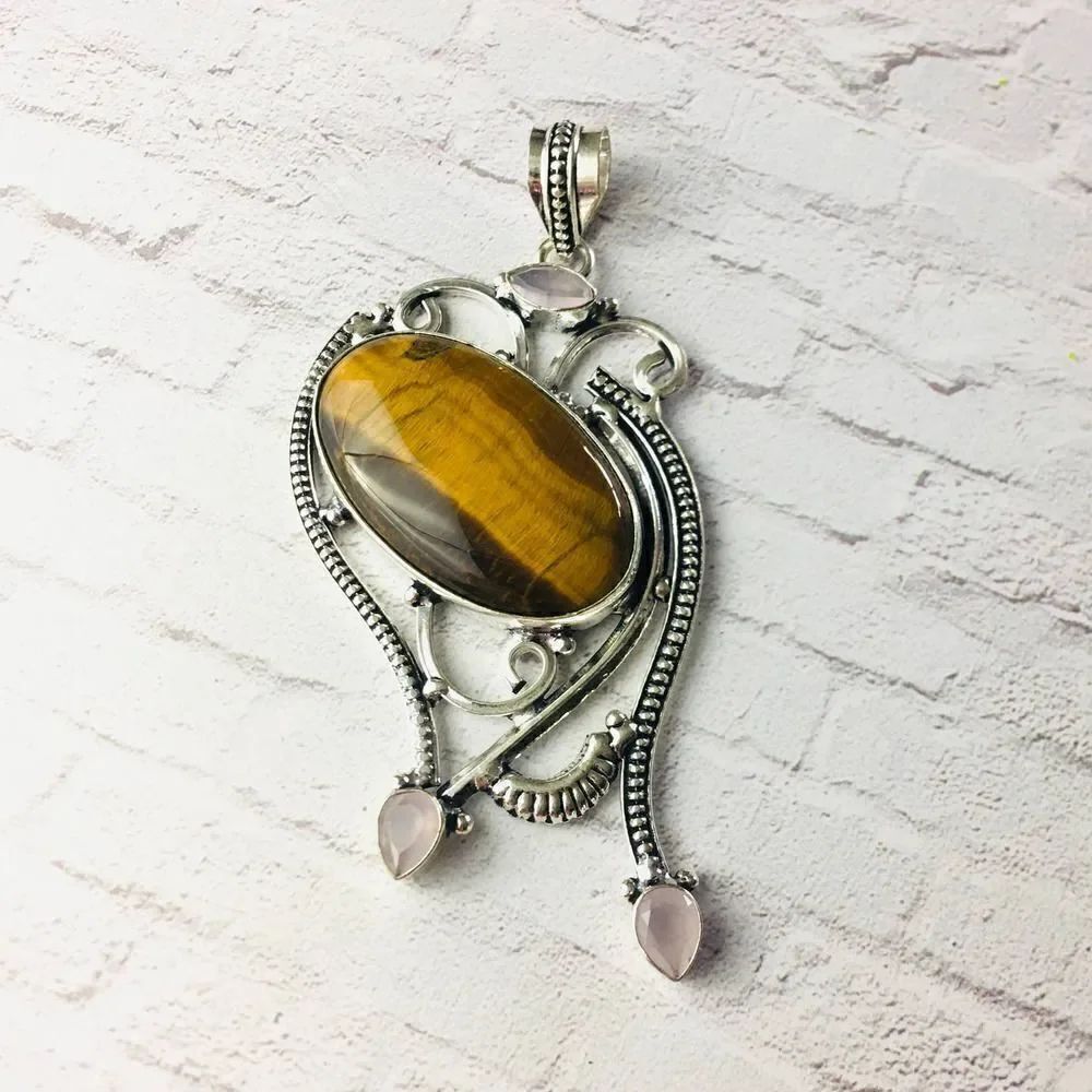 Tigers Eye Gemstone Silver Large Statement Pendant